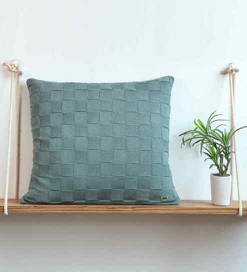 Blue Daisy 100% Cotton Square Check 24X24 Inches Knitted Cushion Cover