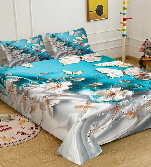 Blue Digital Floral Printed Cotton Blend Double Bedsheet with 2 Pillow Covers