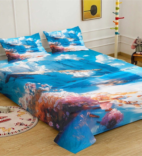 Blue Digital Floral Printed Cotton Blend Double Bedsheet with 2 Pillow Covers