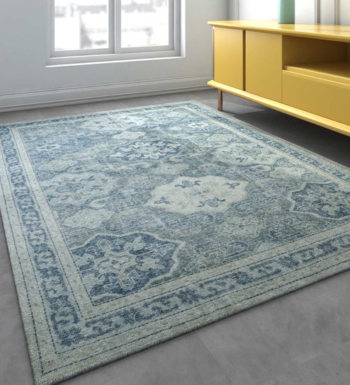Blue Distressed Wool 8 ft x 10 ft Hand Knotted Carpet
