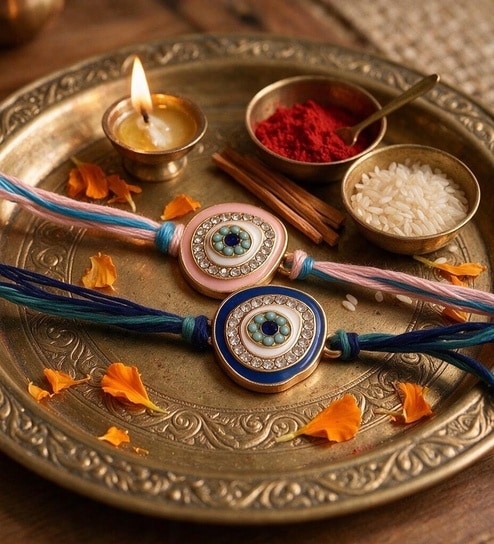 Blue Evil Eye Diamond Stone Bhaiya Bhabhi Rakhi Set