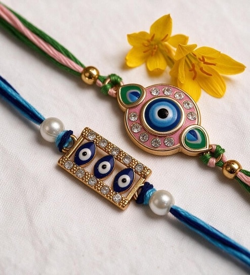 Blue Evil Eye Diamond Stone Bhaiya Bhabhi Rakhi Set