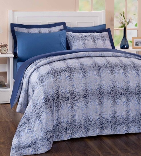 Blue Floral 100% Cotton Double Bed Duvet Cover With 2 Pillow Covers by Maspar