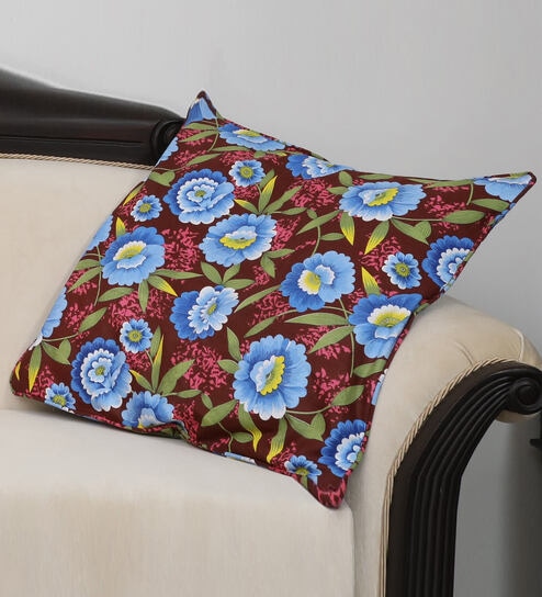 Blue Floral 100% Cotton 16 x 16 Inches Cushion Cover by Bells & Whistles