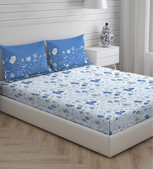 Buy LAYERS Blue Modern Cotton King Double Bed Sheet 104 TC