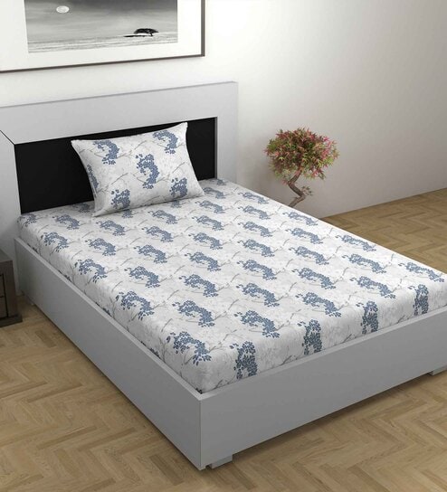 Blue Floral 144 TC Cotton Single Bedsheet with Pillow Cover