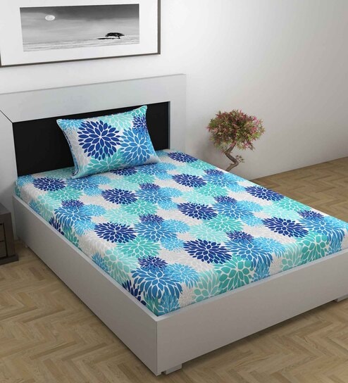 Blue Floral 144 TC Cotton Single Bedsheet with Pillow Cover
