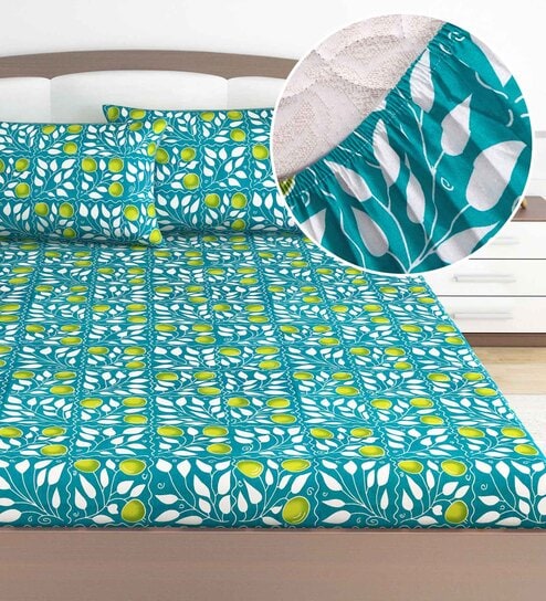 Blue Floral 144 TC Cotton King Fitted Bedsheet with 2 Pillow Covers