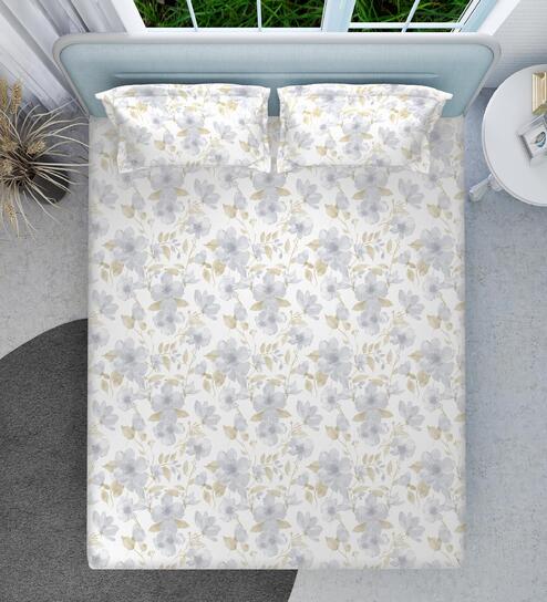 Blue Floral 144 TC Cotton King Sized Double Bedsheet with 2 Pillow Covers Floral Mist Collection