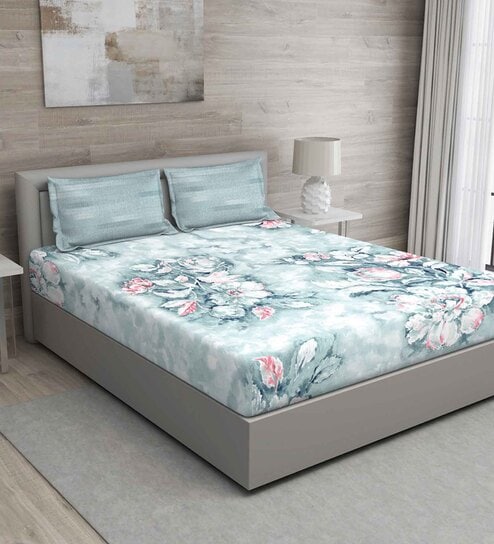 Blue Floral 144 TC Cotton Queen Sized Bed Sheets with 2 Pillow Covers by GM Fabrics