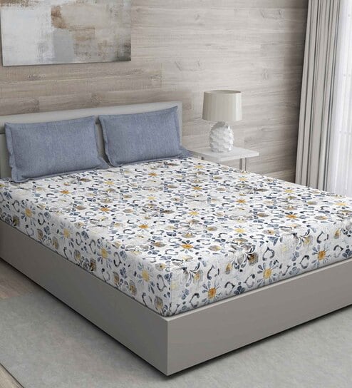 Blue Floral 144 TC Cotton Queen Sized Bed Sheets with 2 Pillow Covers by GM Fabrics