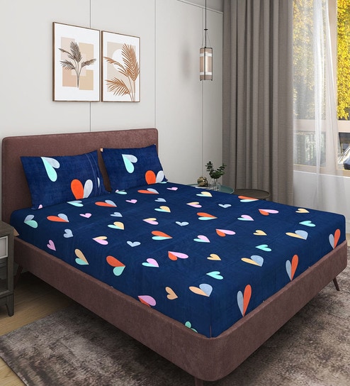 Blue Floral 144 TC Glace Cotton Queen Sized Double Bedsheet with 2 Pillow Covers