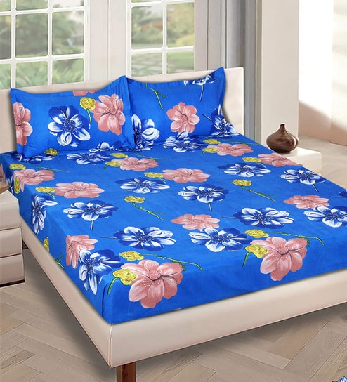 Blue Floral 144 TC Glace Cotton Queen Sized Double Bedsheet with 2 Pillow Covers