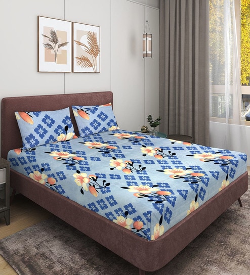 Blue Floral 144 TC Microfiber Queen Sized Double Bedsheet with 2 Pillow Covers