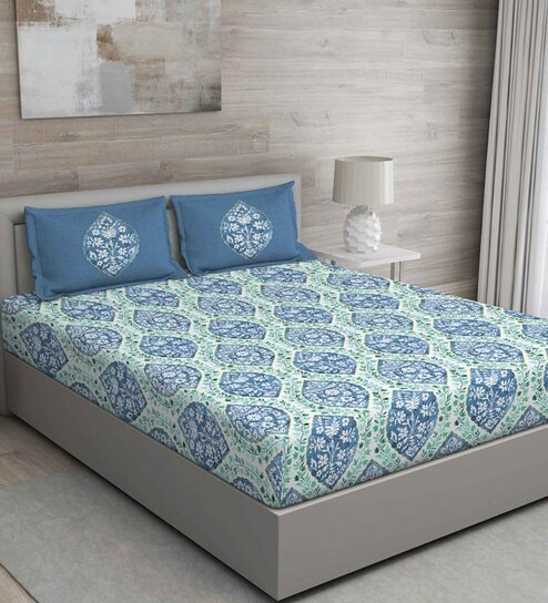 Blue Floral 150 TC Cotton Queen Sized Bed Sheets with 2 Pillow Covers by GM Fabrics