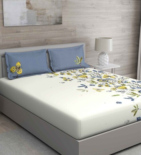 Blue Floral 150 TC Cotton Queen Sized Bed Sheets with 2 Pillow Covers by GM Fabrics