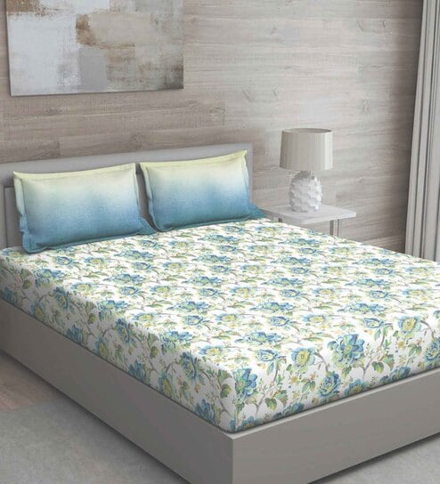 Blue Floral 150 TC Cotton Queen Sized Bed Sheets with 2 Pillow Covers by GM Fabrics