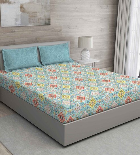 Blue Floral 150 TC Cotton Queen Sized Bed Sheets with 2 Pillow Covers by GM Fabrics