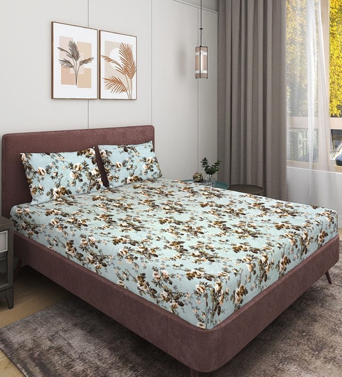 Blue Floral 150 TC Glace Cotton Queen Sized Double Bedsheet with 2 Pillow Covers