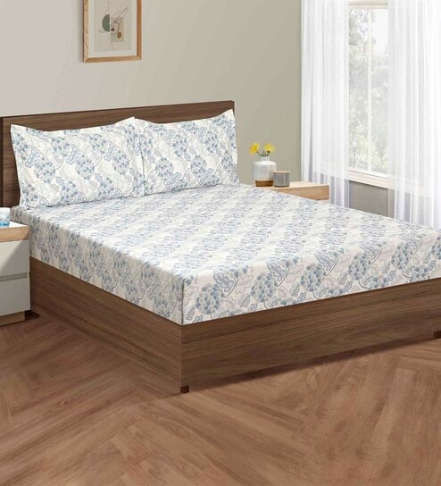 Blue Floral 160 TC Cotton Double Bedsheet with 2 Pillow covers