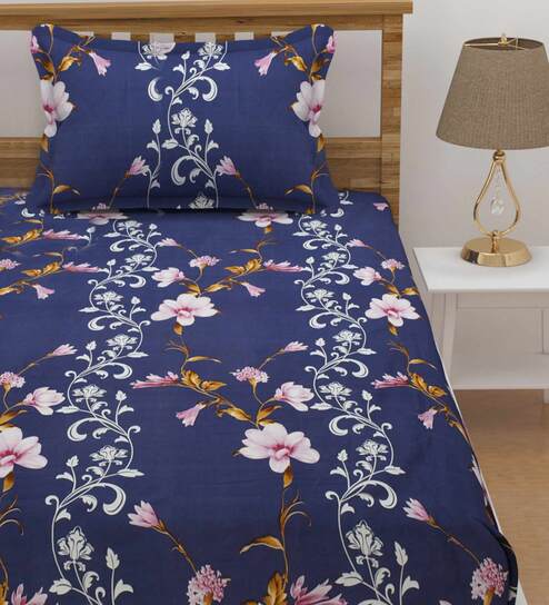 Blue Floral 160 TC Poly Cotton Single Bed Sized Bed Sheets With 1 Pillow Cover