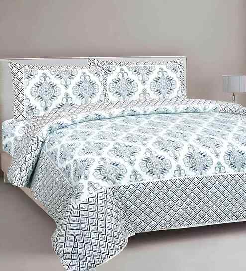 Blue Floral 180 TC Cotton  King Sized Bedsheet with 2 Pillow Covers