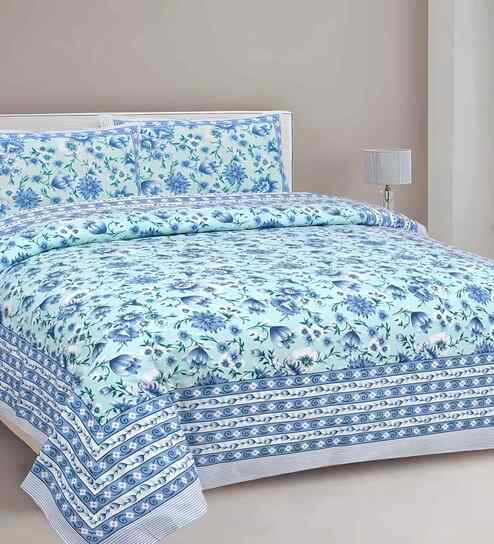 Blue Floral 180 TC Cotton  King Sized Bedsheet with 2 Pillow Covers