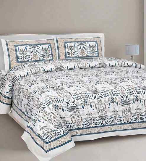 Blue Floral 180 TC Cotton  King Sized Bedsheet with 2 Pillow Covers