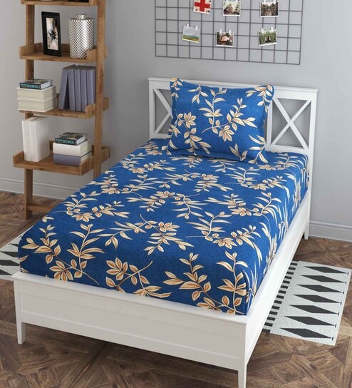Blue Floral 180 TC Cotton Blend Single Sized Bedsheet With 1 Pillow Cover