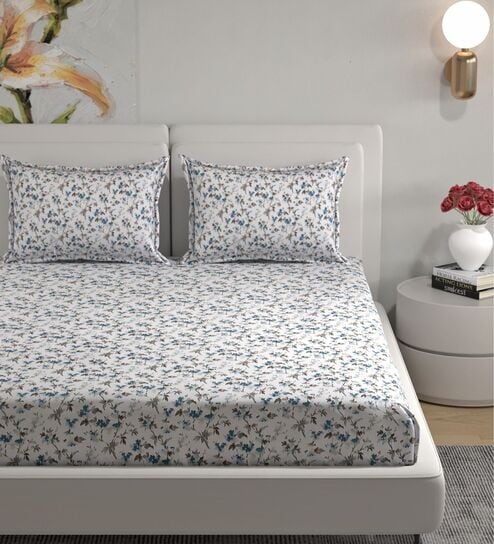 Blue Floral 180 TC Cotton King Bedhseet 2 pillow covers