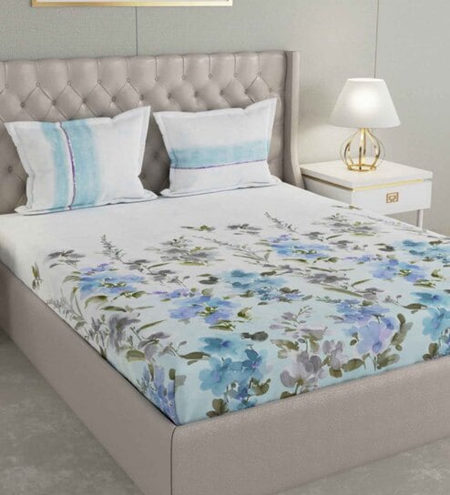 Blue Floral 180 TC Cotton King Sized Bed Sheets with 2 Pillow Covers by GM Fabrics