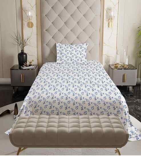 Blue Floral 180 TC Cotton Queen Size Double Bedsheet with 2 Pillow Covers