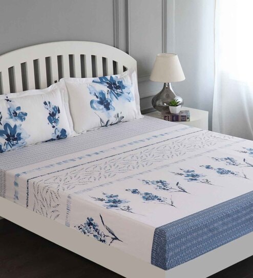 Blue Floral 180 TC Cotton Queen Sized Bed Sheets with 2 Pillow Covers by GM Fabrics