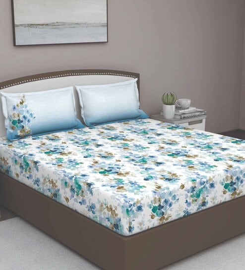 Blue Floral 180 TC Cotton Queen Sized Bed Sheets with 2 Pillow Covers by GM Fabrics