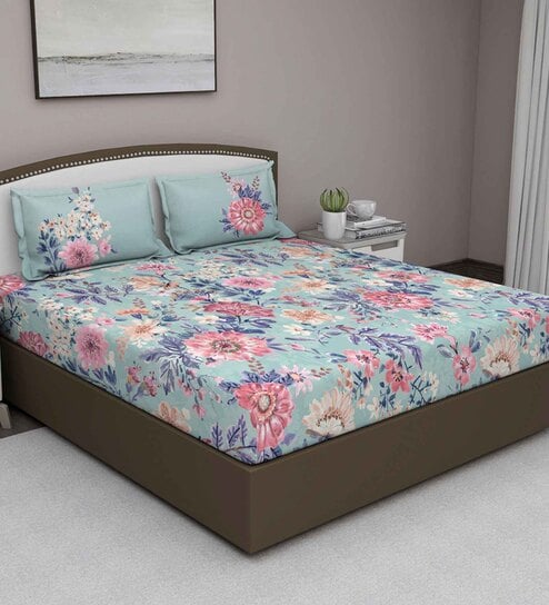 Blue Floral 180 TC Cotton Queen Sized Bed Sheets with 2 Pillow Covers by GM Fabrics