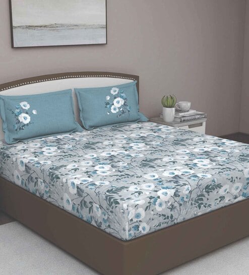 Blue Floral 180 TC Cotton Queen Sized Bed Sheets with 2 Pillow Covers by GM Fabrics