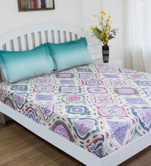 Blue Traditional 180 TC Cotton Queen Sized Bed Sheets with 2 Pillow Covers by GM Fabrics