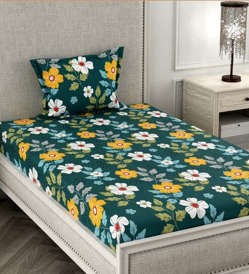 Blue Floral 180 TC Microfiber Single Bedsheet With 1 Pillow Cover