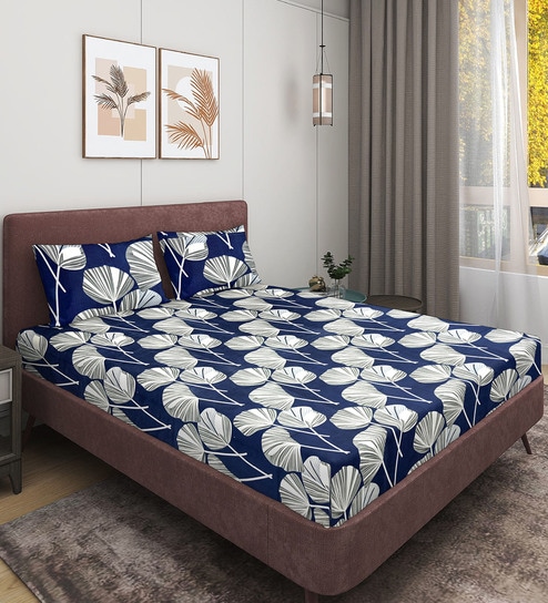Blue Floral 186 TC Glace Cotton Queen Sized Double Bedsheet with 2 Pillow Covers