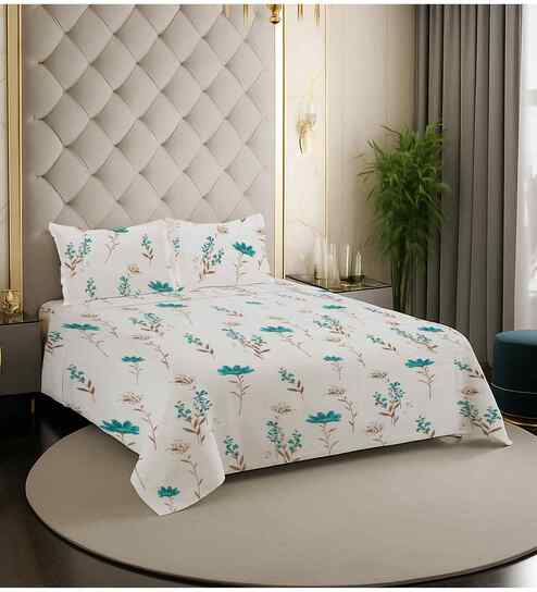Blue Floral 200 TC Cotton Queen Size Double Bedsheet with 2 Pillow Covers
