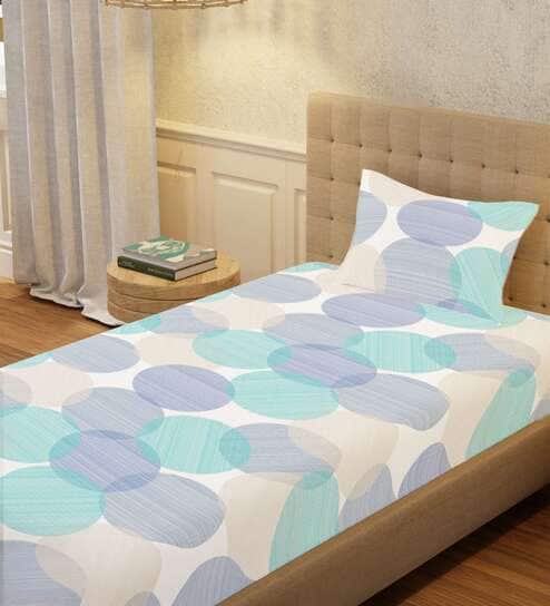 Blue Floral 200 TC Cotton Single Bedsheet with 1 Pillow Cover