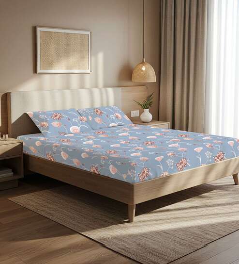 Blue Floral 200 TC Microfiber King Sized Bedsheet with 2 Pillow Covers