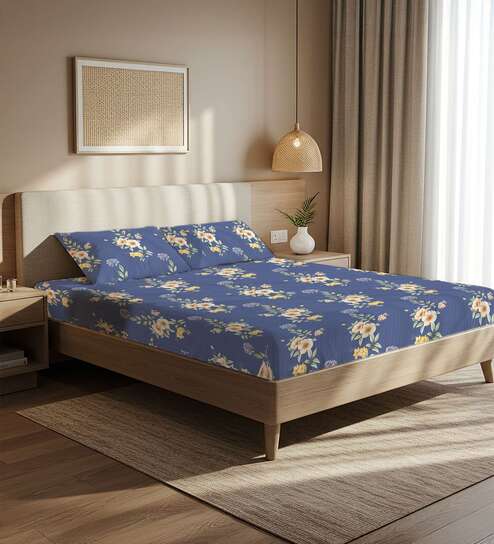 Blue Floral 200 TC Microfiber King Sized Bedsheet with 2 Pillow Covers