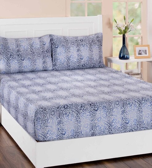 Blue Floral 210 TC Cotton 1 Double King Size Bedsheet With 2 Pillow Covers Folklore Collection