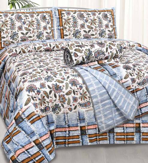 Blue Floral 210 TC Cotton 4 Pieces Bedding Gift Set