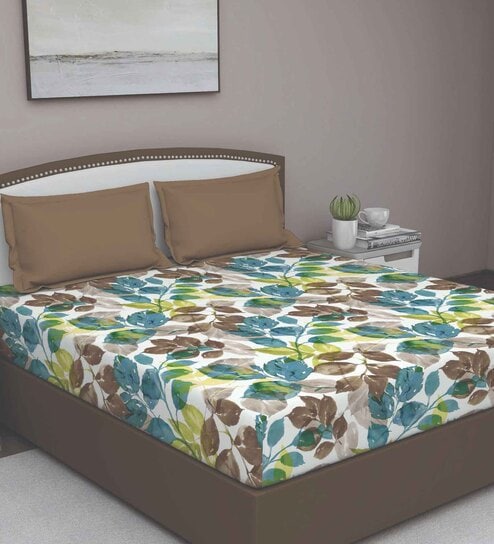 Blue Floral 210 TC Cotton Queen Sized Bed Sheets with 2 Pillow Covers by GM Fabrics