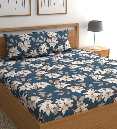 chhavi india Blue Floral 210 TC Microfiber Queen Sized Bed Sheets with 2 Pillow Covers-picture-25