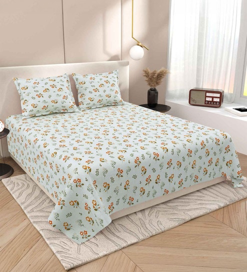 Green Floral 220 Tc Cotton Super King Bedsheet With 2 Pillow Covers