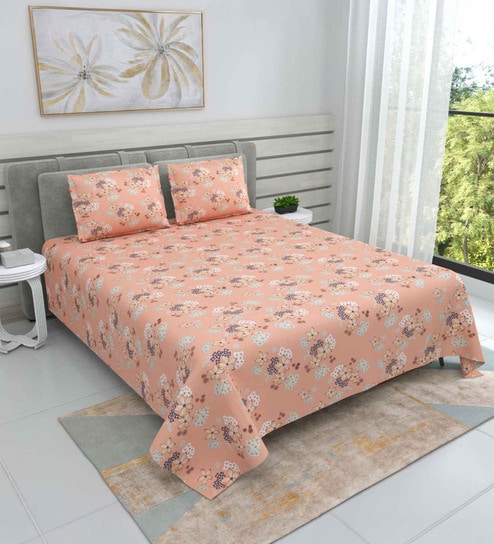 Pink Floral 220 Tc Cotton Super King Bedsheet With 2 Pillow Covers