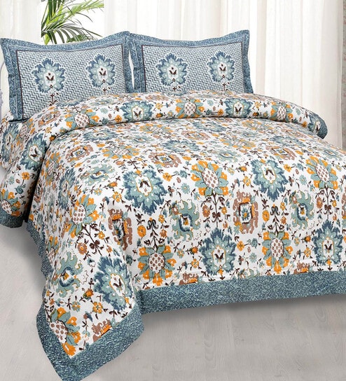 Blue Floral 240 TC CottonKing Sized Bedsheet With 2 Pillow Covers  by Jaipur Fabric
